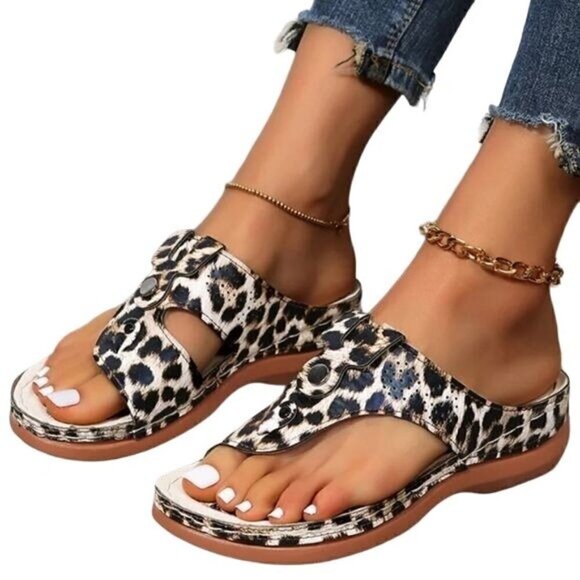 Senbay Shoes - Leopard T-Strap Sandals Size 38